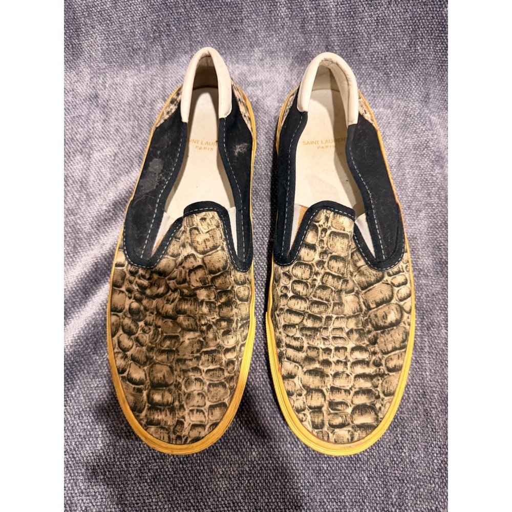 Saint Laurent Paris Croc Embossed Slip On Sneakers Mens 45 12 Black Tan 340259